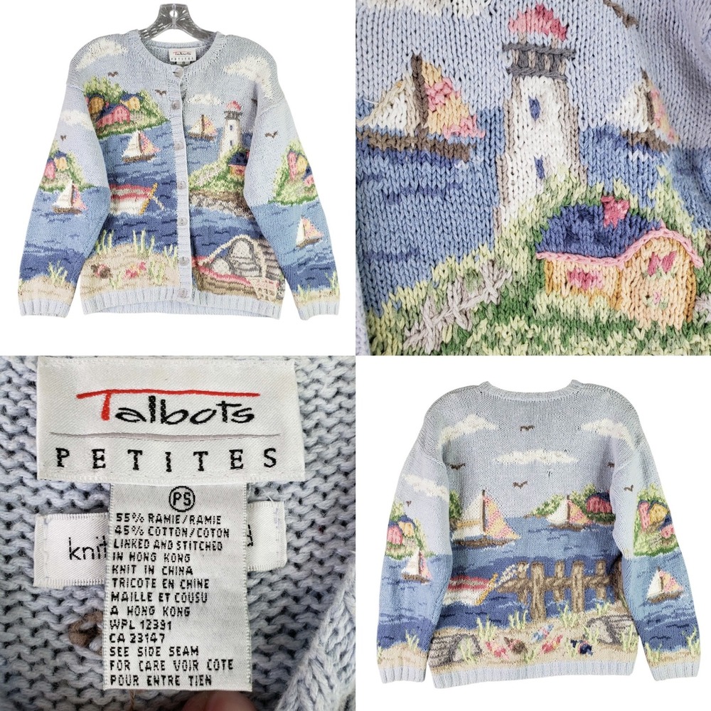 Talbots Cardigan Sweater Womens Small PS Blue Hand knit Lighthouse Sailboat